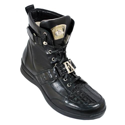 Fennix Italy 3257 Black Genuine Caiman Hornback Crocodile and Calf Boots with Strap